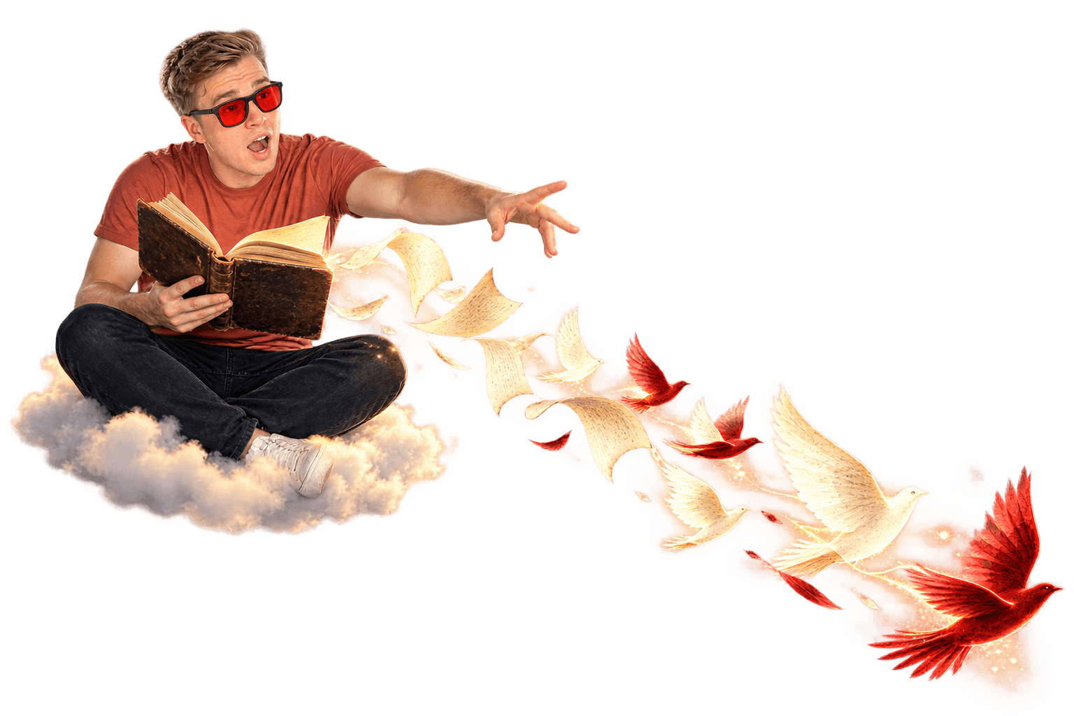 David opens a dream journal; its pages become birds flying toward the guide.