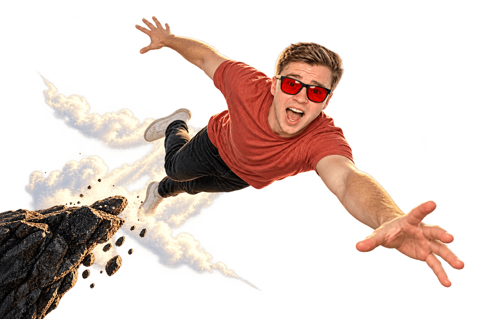 David dives from a cliff through clouds, reaching toward the first-dream button.