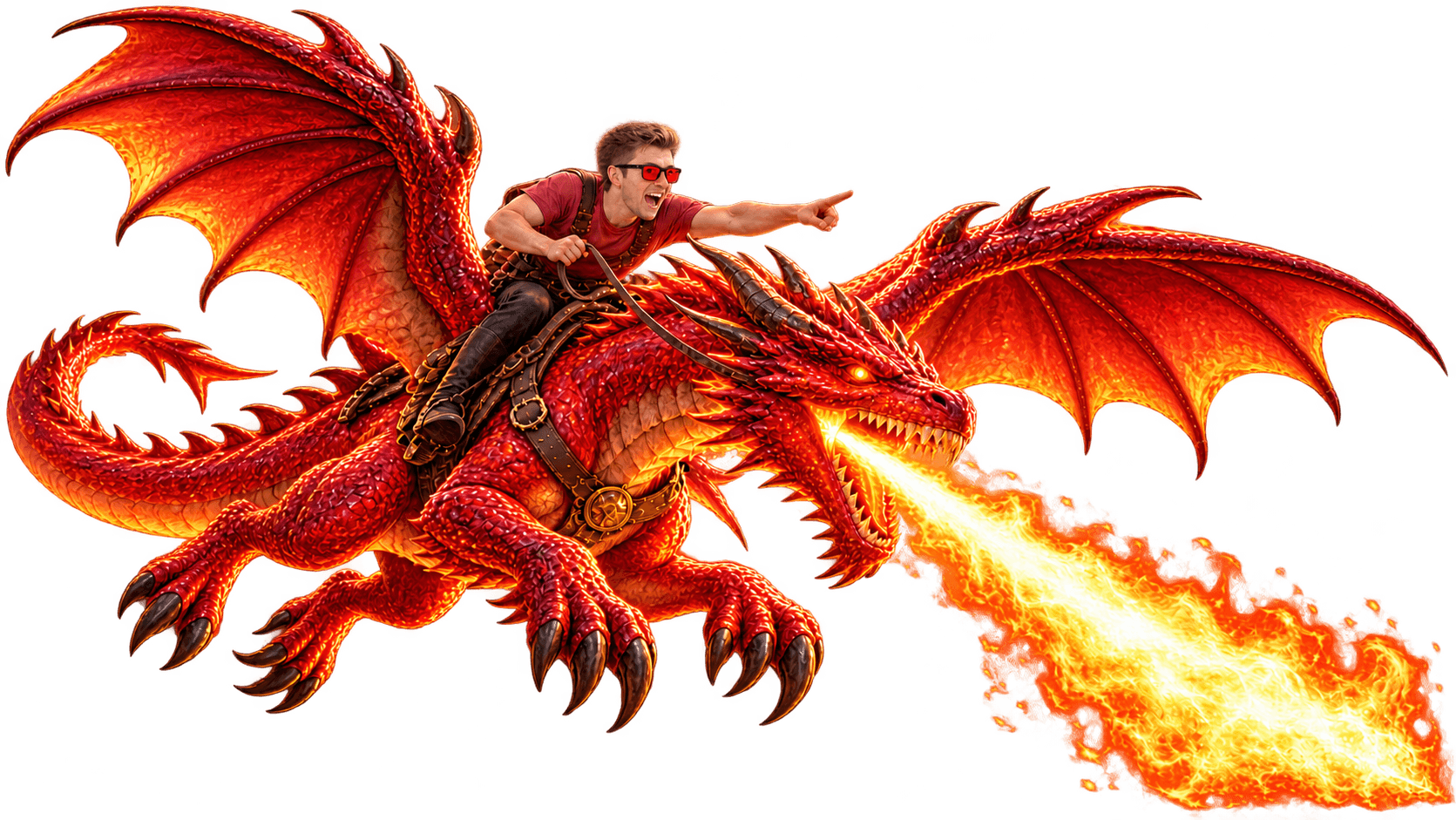 David rides a red dragon as it breathes fire toward the Read More button