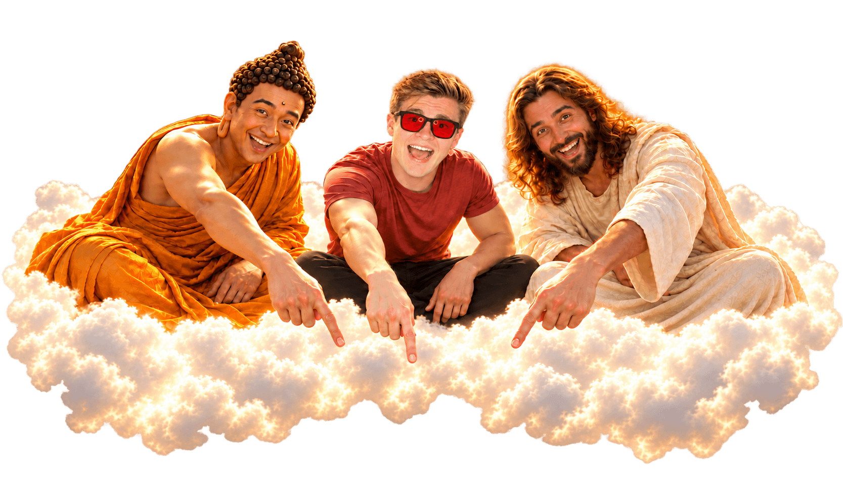 David, Buddha, and Jesus smile and reach over the clouds toward the button below.